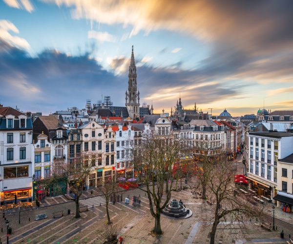 Brussels, Belgium plaza and skyline with the Town Hall tower at dusk.
